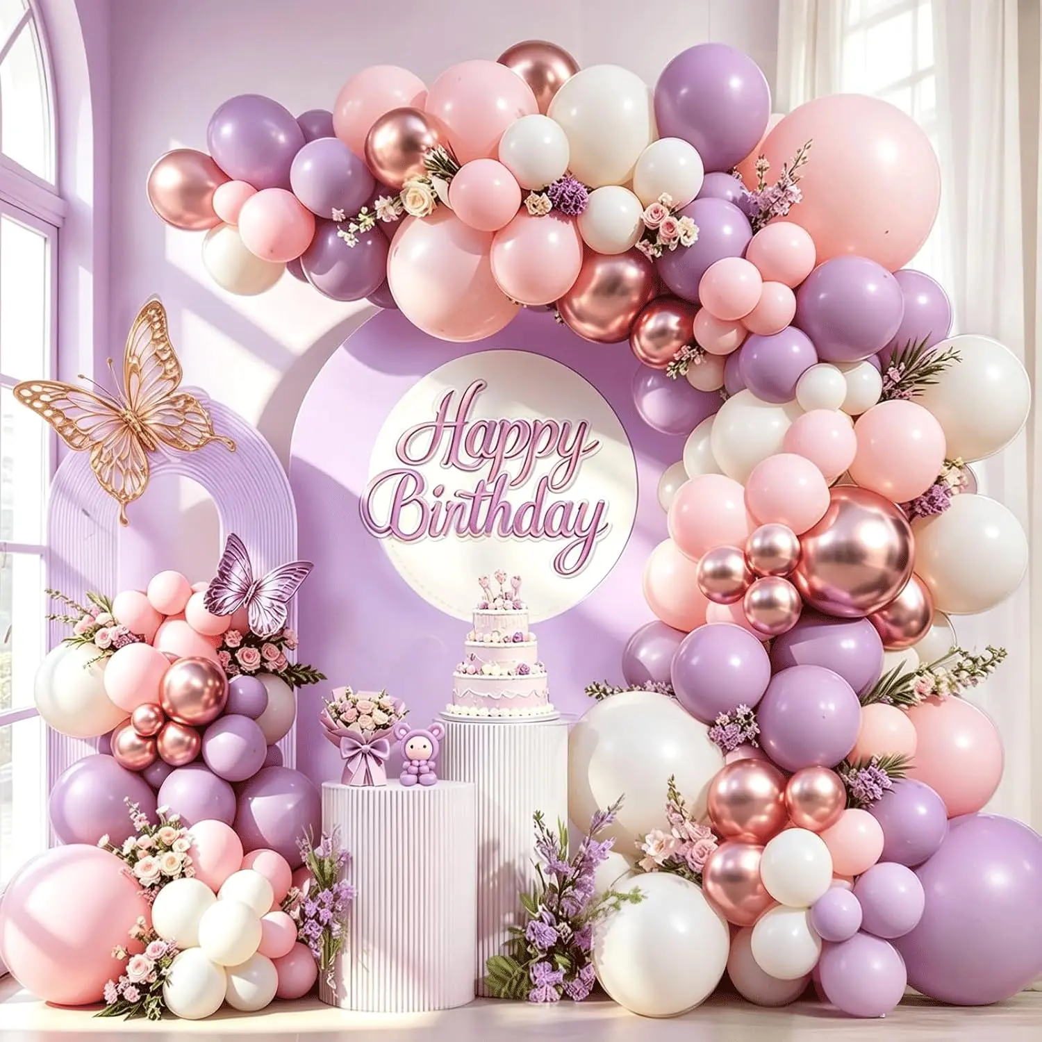 Pink Purple White Balloon Girland Arch rinkinys